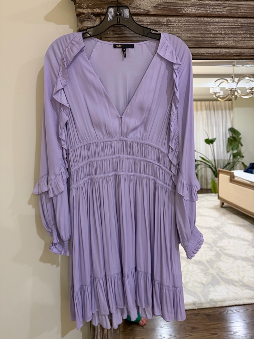 Maje Lavender Long-Sleeve Ruffled V-Neck Dress